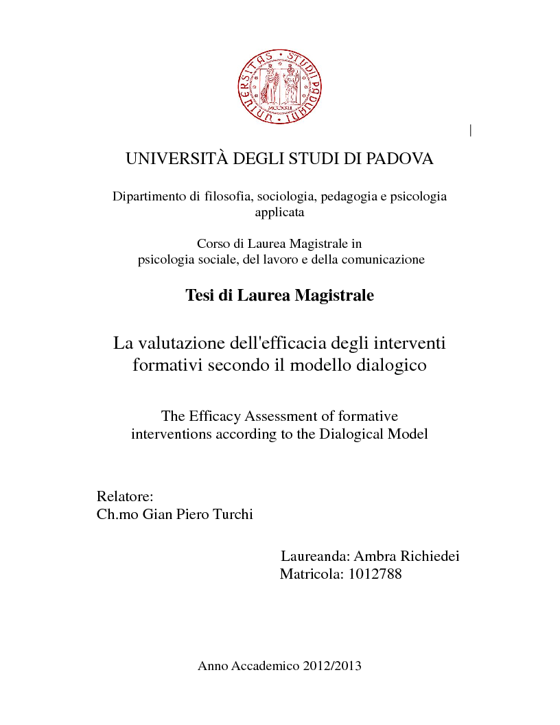 Anteprima della tesi: La valutazione dell'efficacia degli interventi formativi secondo il modello dialogico
, Pagina 1