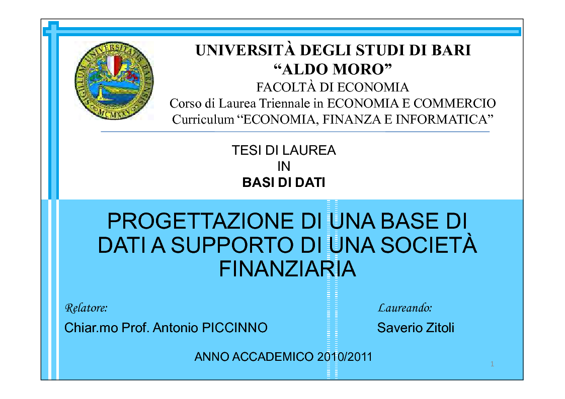 Anteprima della tesi: Progettazione di una base di dati a supporto di una società finanziaria, Pagina 1