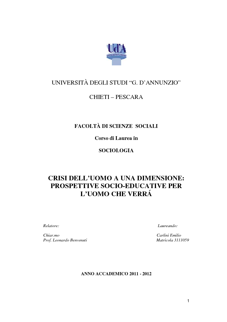 Anteprima della tesi: Crisi dell'uomo a una dimensione: Prospettive educative per l'uomo che verrà, Pagina 1