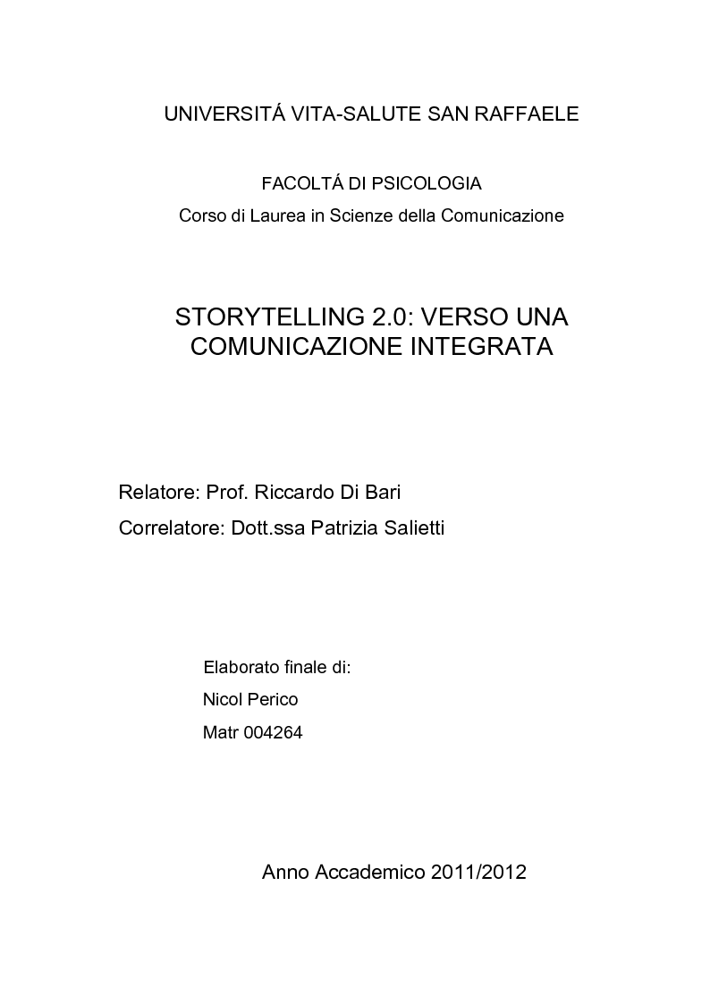 Anteprima della tesi: Storytelling 2.0: verso una comunicazione integrata, Pagina 1