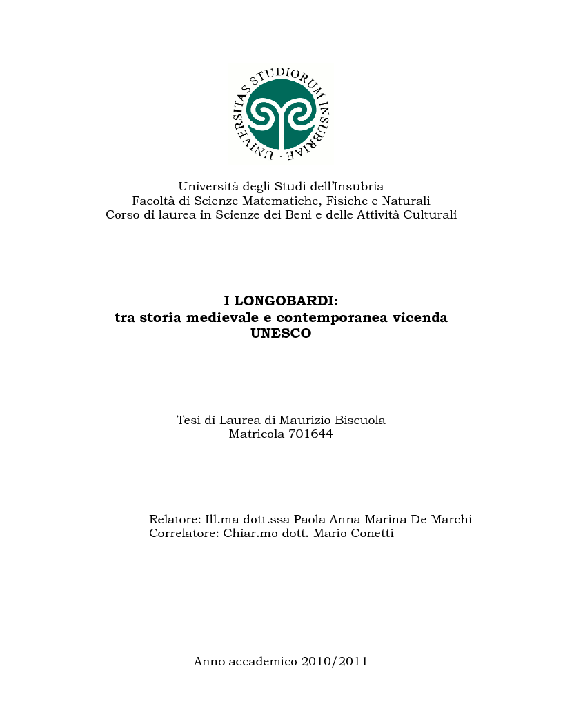Anteprima della tesi: I Longobardi: tra storia medievale e contemporanea vicenda UNESCO, Pagina 1