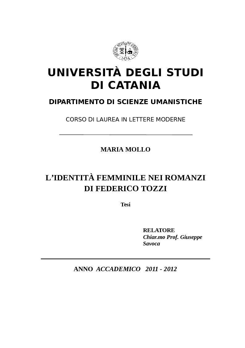 Anteprima della tesi: L'identità femminile nei romanzi di Federico Tozzi, Pagina 1