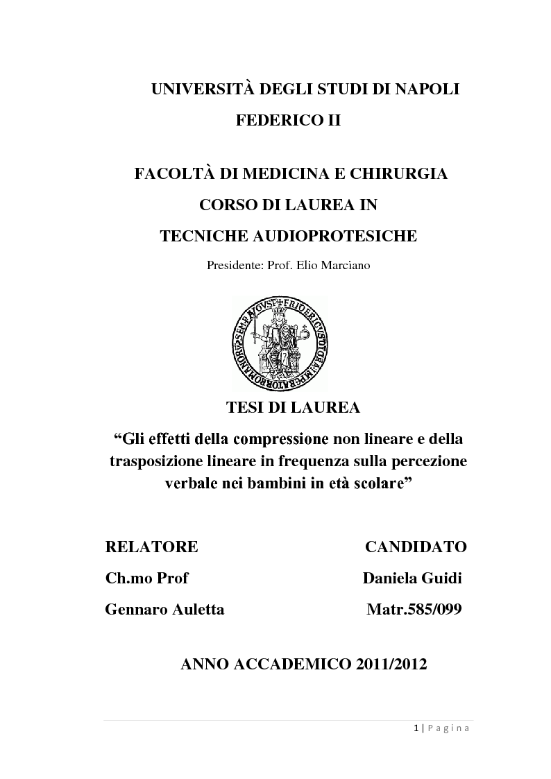 Anteprima della tesi: Gli effetti della compressione non lineare e della trasposizione lineare in frequenza sulla percezione verbale nei bambini in età scolare, Pagina 1