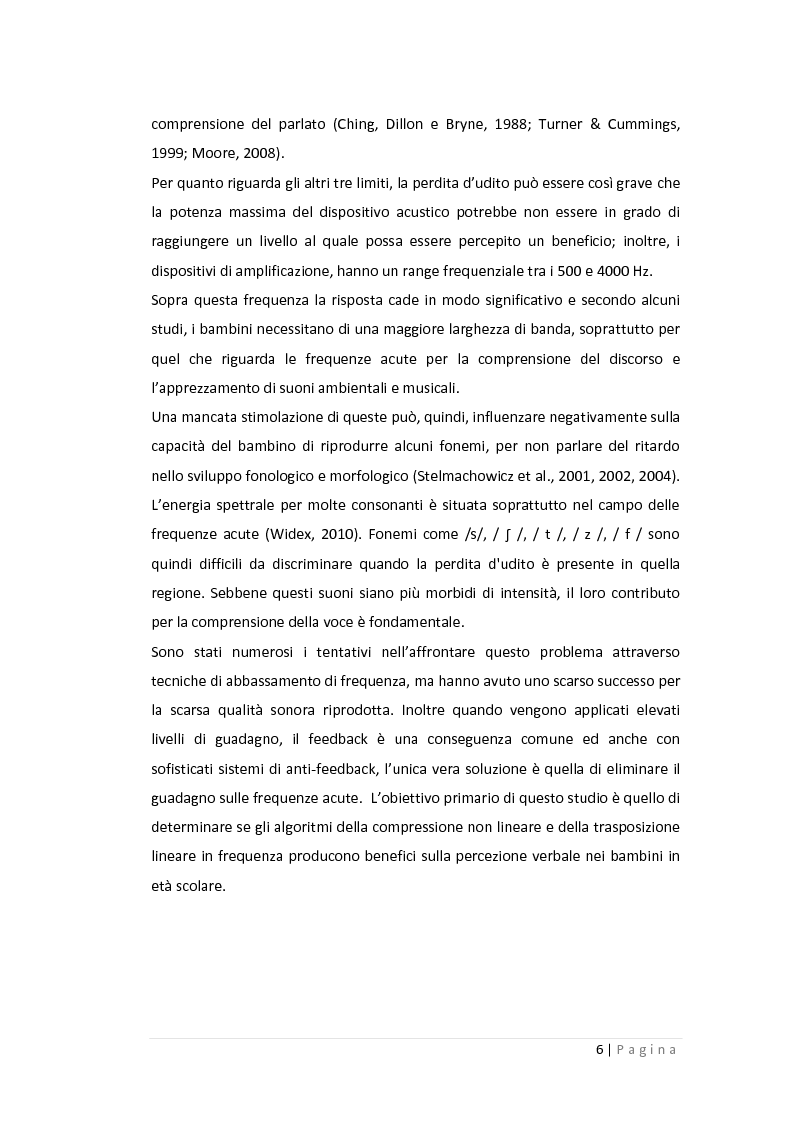 Anteprima della tesi: Gli effetti della compressione non lineare e della trasposizione lineare in frequenza sulla percezione verbale nei bambini in età scolare, Pagina 3
