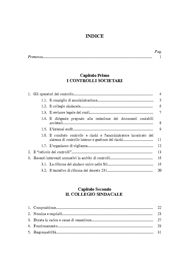 Indice della tesi: D.Lgs. 231/2001 e attori del controllo: recenti criticità e nuove prospettive., Pagina 1