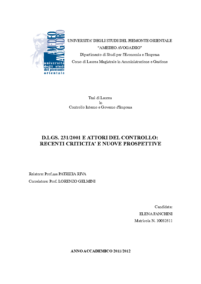 Anteprima della tesi: D.Lgs. 231/2001 e attori del controllo: recenti criticità e nuove prospettive., Pagina 1