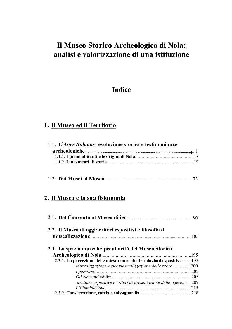 Indice della tesi: Il Museo Storico Archeologico di Nola: Analisi e Valorizzazione di una Istituzione, Pagina 1