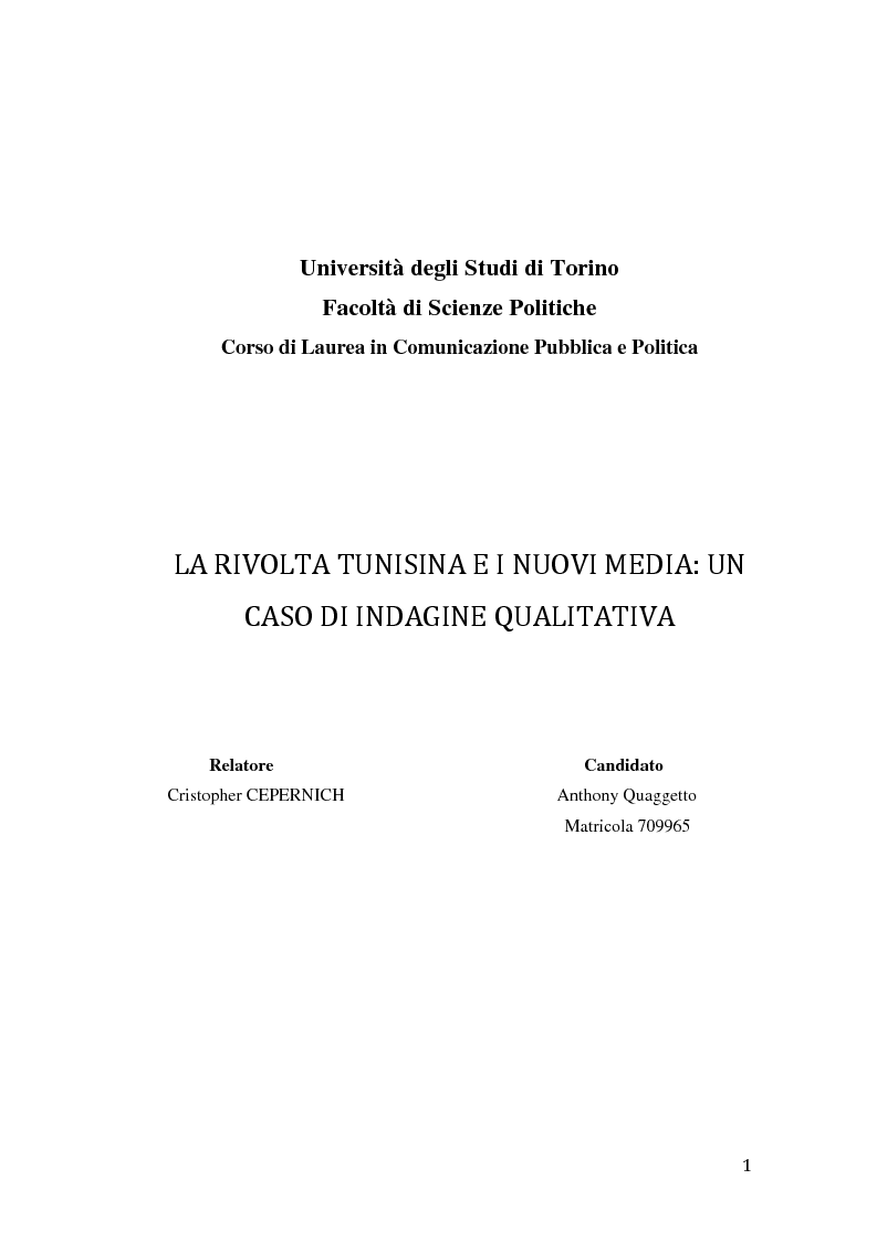 Anteprima della tesi: La rivolta tunisina e i nuovi media: un caso di indagine qualitativa., Pagina 1