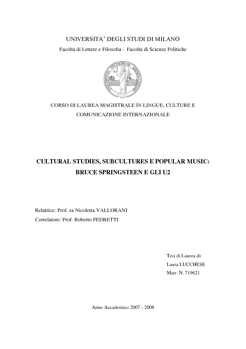 Anteprima della tesi: Cultural studies, subcultures e popular music: Bruce Springsteen e gli U2, Pagina 1