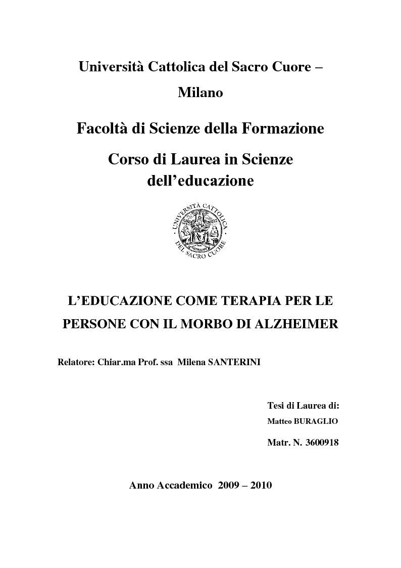 Anteprima della tesi: L'educazione come terapia per le persone con il morbo di Alzheimer, Pagina 1