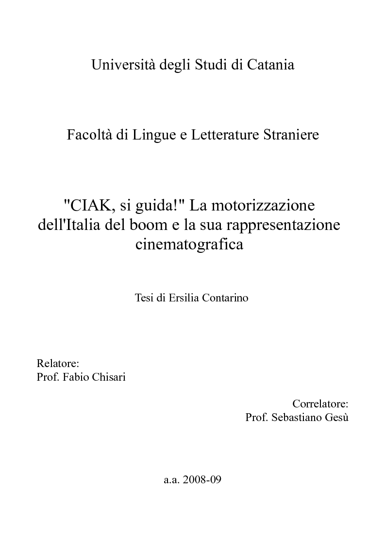 Anteprima della tesi: "CIAK, si guida!" La motorizzazione dell'Italia del boom e la sua rappresentazione cinematografica, Pagina 1