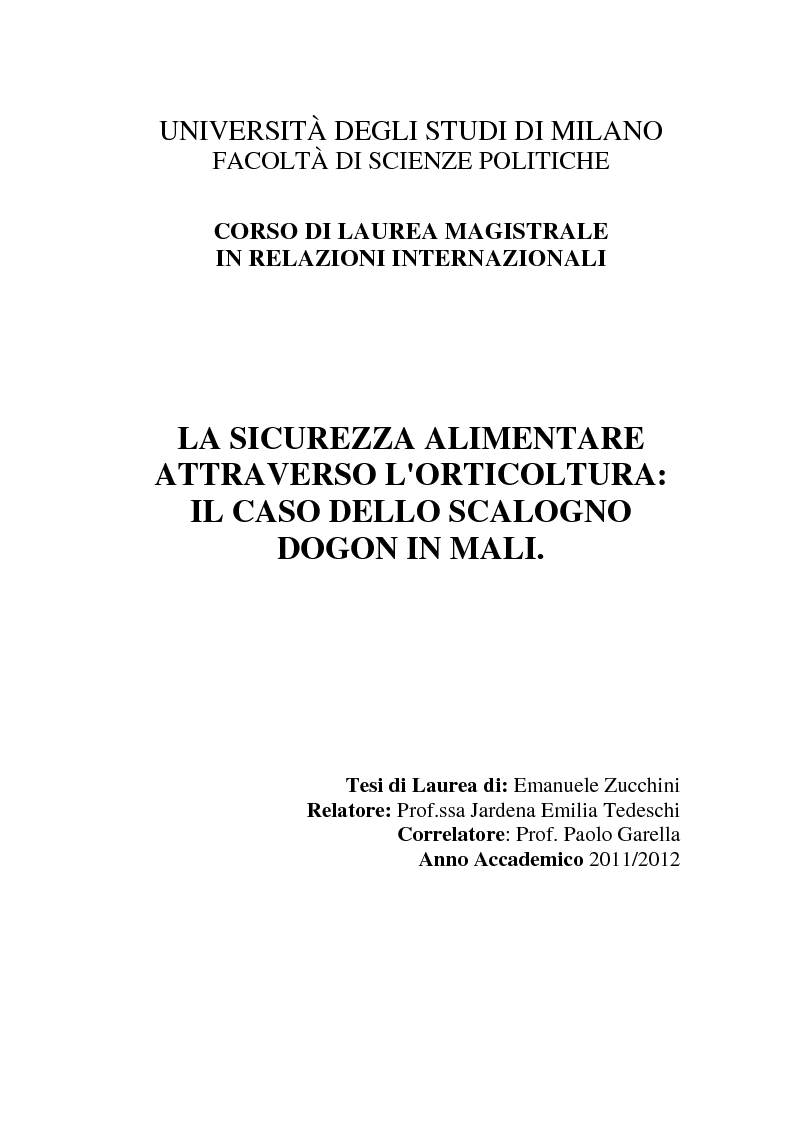 Anteprima della tesi: La sicurezza alimentare attraverso l'orticoltura: il caso dello scalogno Dogon in Mali, Pagina 1