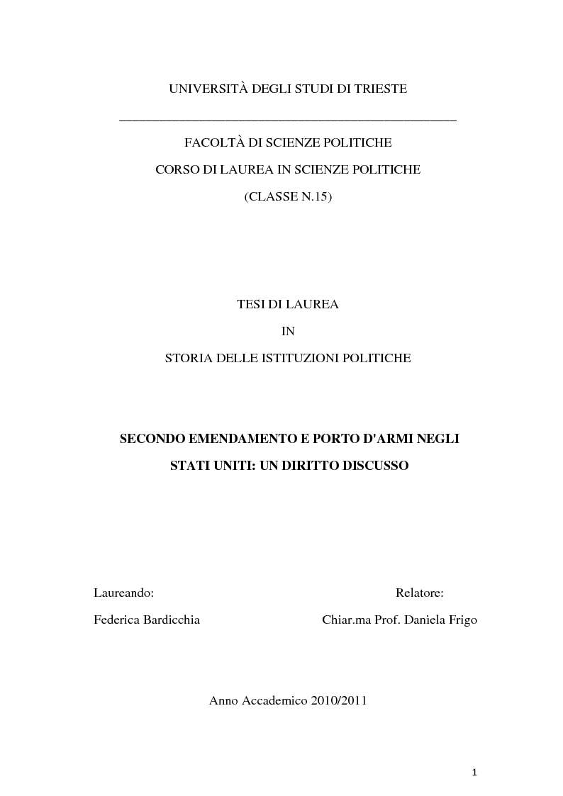 Anteprima della tesi: Secondo emendamento e porto d'armi negli Stati Uniti: un diritto discusso, Pagina 1