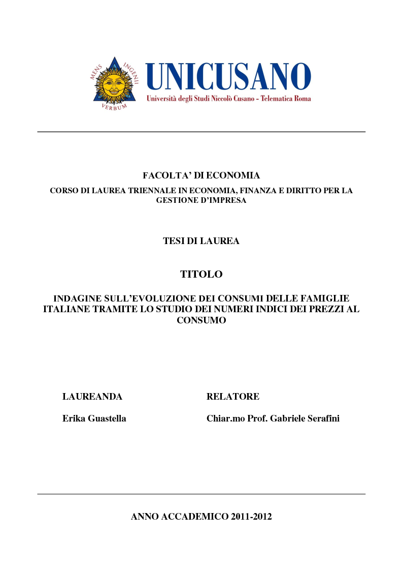 Anteprima della tesi: Indagine sull'evoluzione dei consumi delle famiglie italiane tramite lo studio dei numeri indice dei prezzi al consumo, Pagina 1