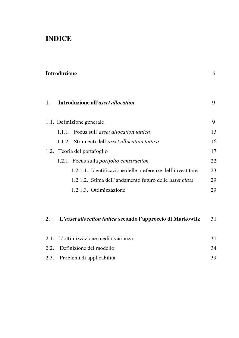 Indice della tesi: Il modello di Black & Litterman nel processo di ottimizzazione di portafoglio, Pagina 1