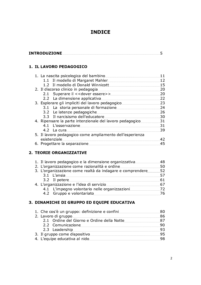 Indice della tesi: La consulenza pedagogica all'asilo nido come lettura dei processi e mediazione tra i partners educativi, Pagina 1
