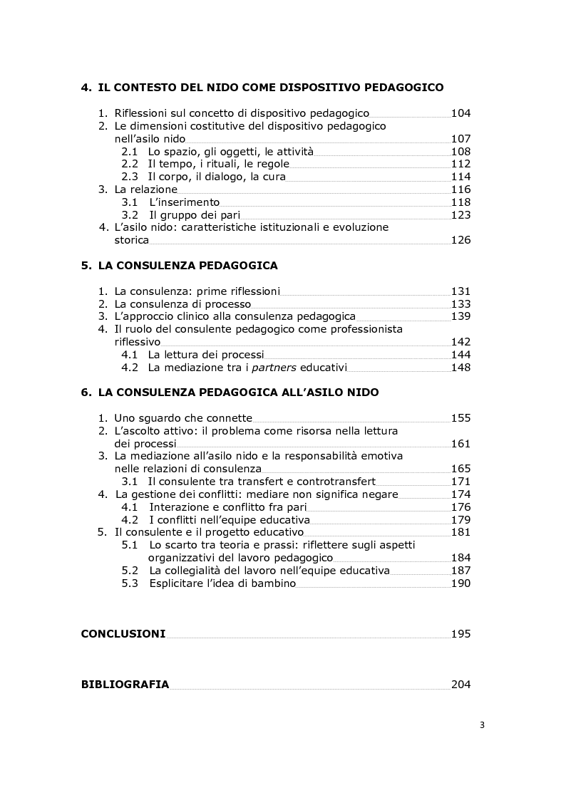 Indice della tesi: La consulenza pedagogica all'asilo nido come lettura dei processi e mediazione tra i partners educativi, Pagina 2
