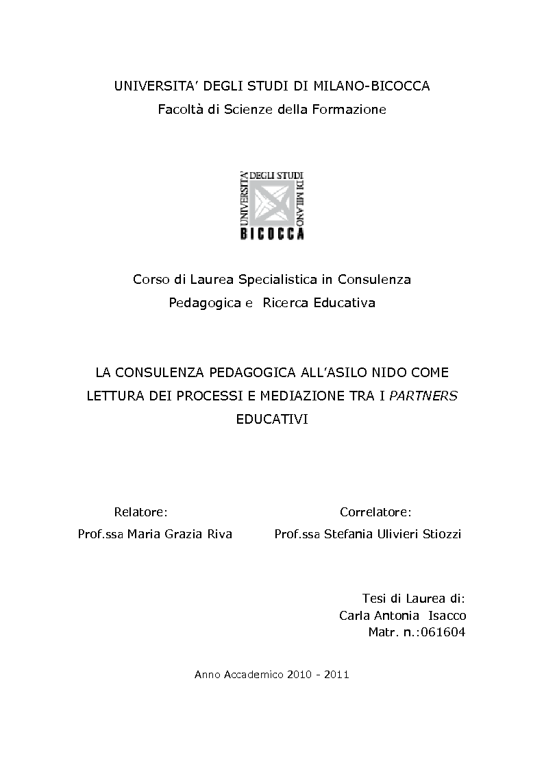 Anteprima della tesi: La consulenza pedagogica all'asilo nido come lettura dei processi e mediazione tra i partners educativi, Pagina 1
