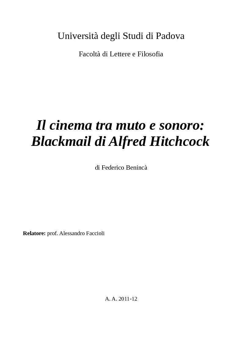 Anteprima della tesi: Il cinema tra muto e sonoro: Blackmail di Alfred Hitchcock, Pagina 1