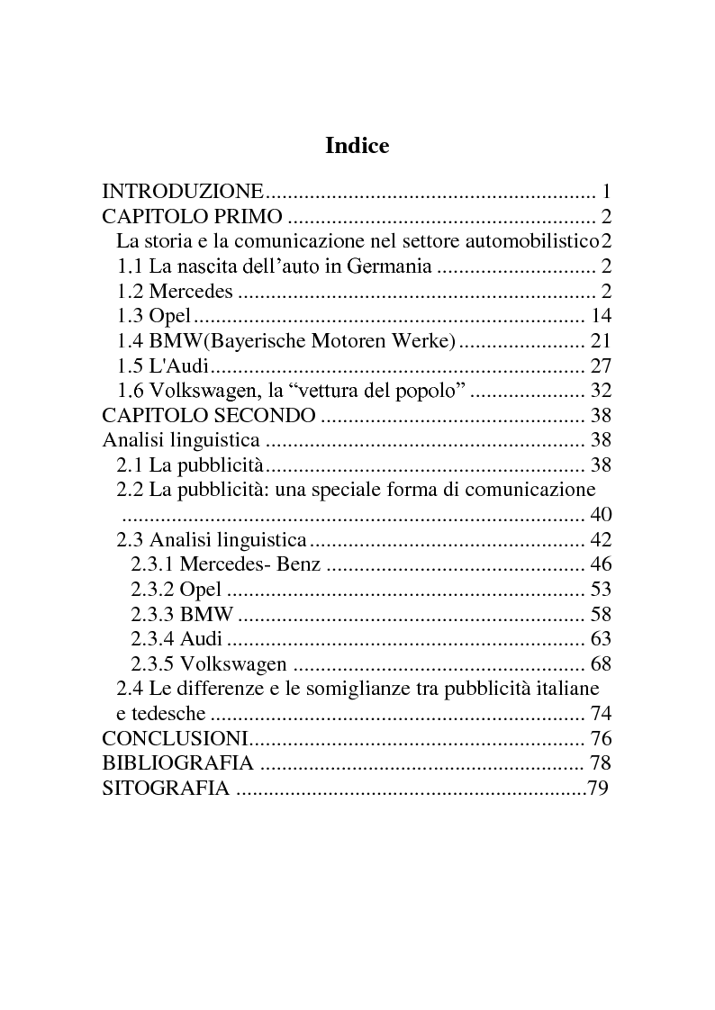 Indice della tesi: La pubblicità nel settore automobilistico tedesco: un confronto Italia-Germania., Pagina 1