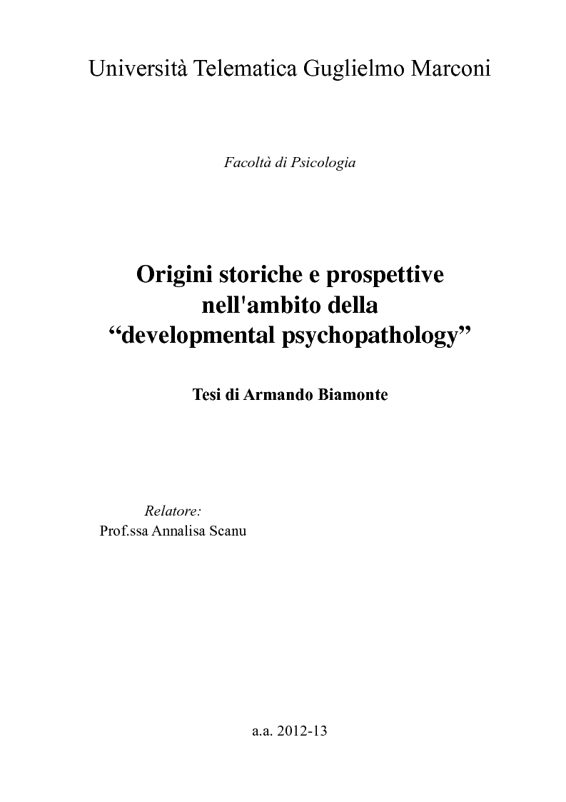Anteprima della tesi: Origini storiche e prospettive nell'ambito della “developmental psychopathology”, Pagina 1