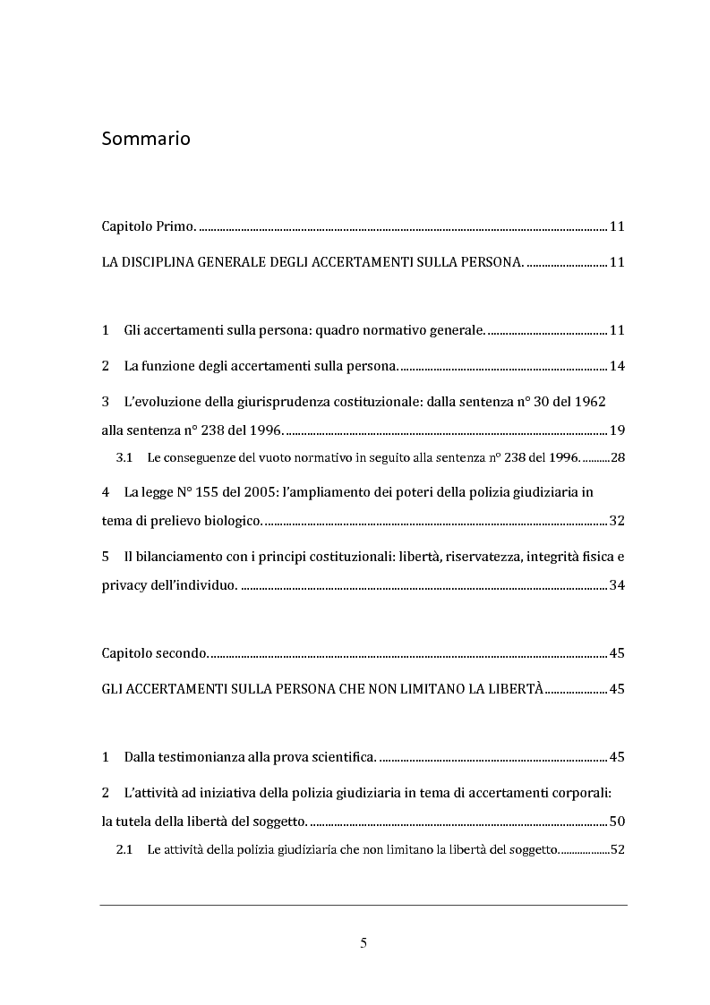 Indice della tesi: Gli accertamenti sulla persona nel processo penale, Pagina 1