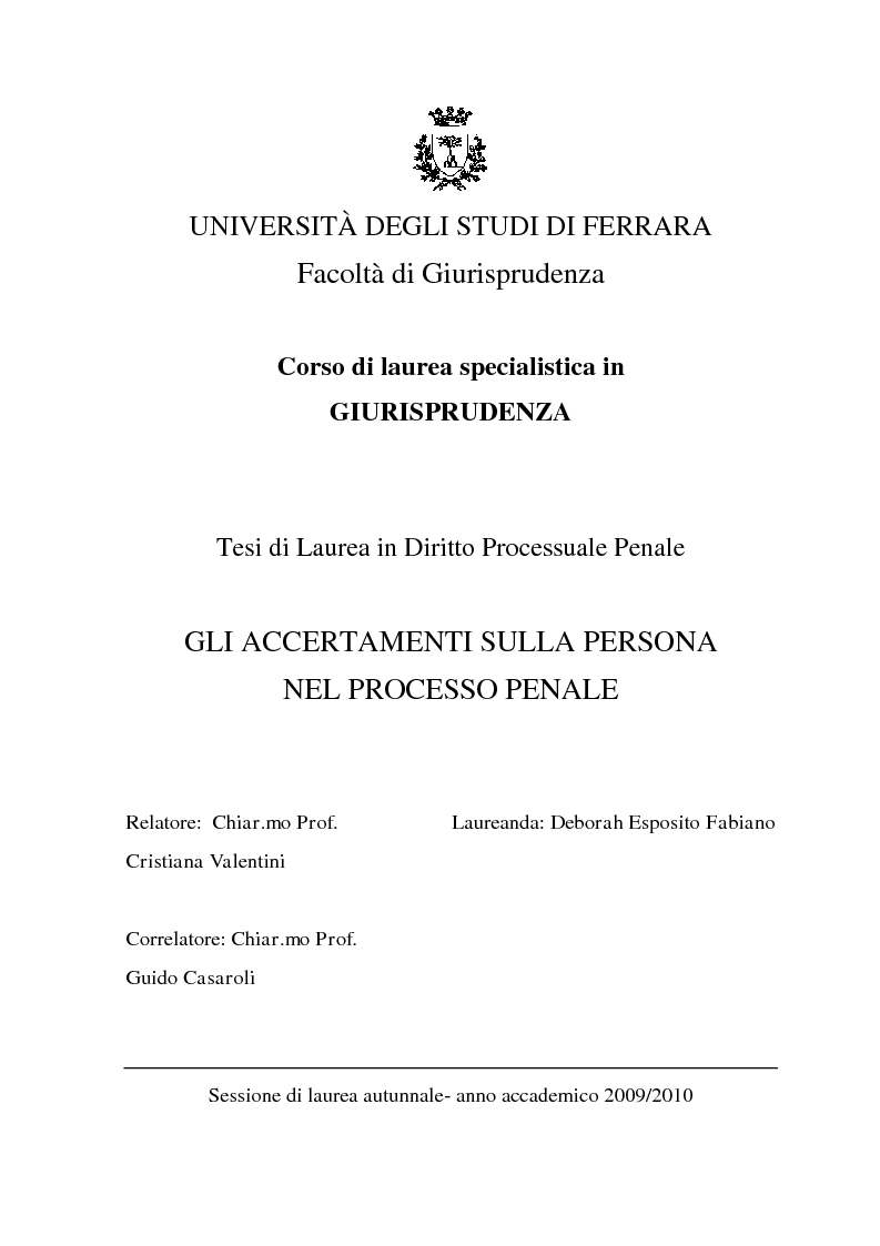 Anteprima della tesi: Gli accertamenti sulla persona nel processo penale, Pagina 1