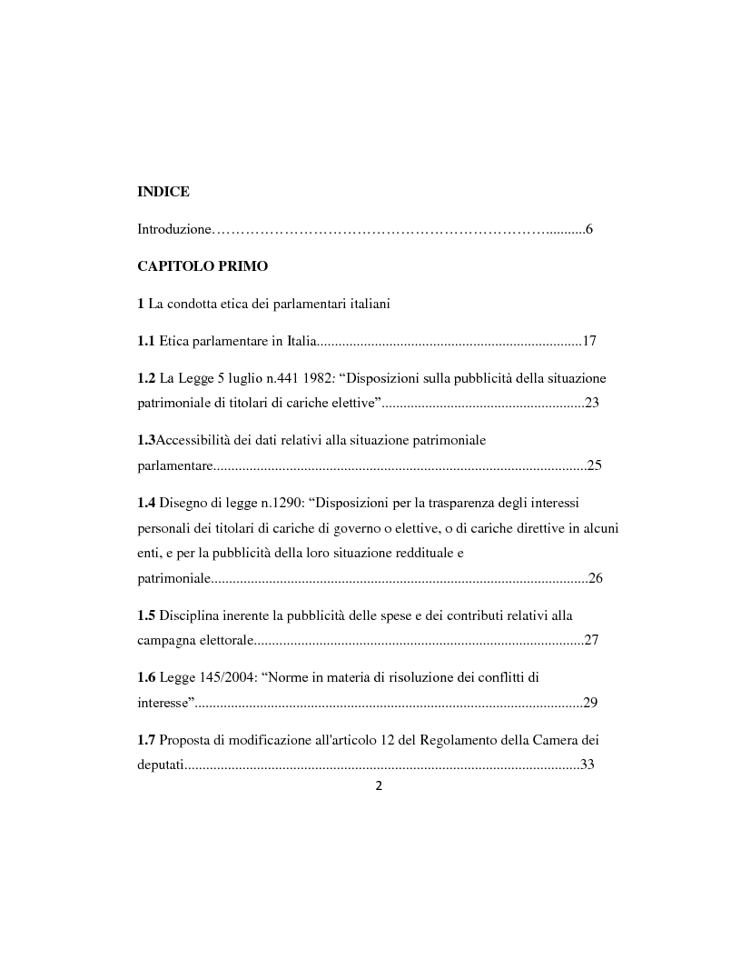 Indice della tesi: L'etica parlamentare: tendenze a confronto., Pagina 1