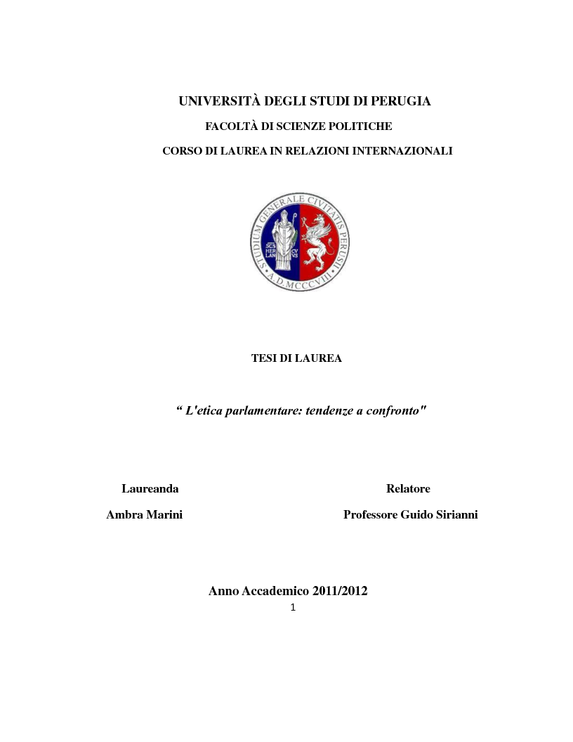 Anteprima della tesi: L'etica parlamentare: tendenze a confronto., Pagina 1