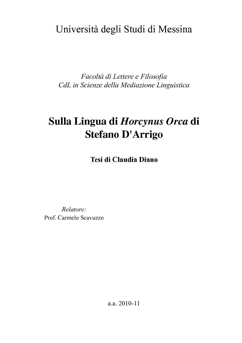 Anteprima della tesi: Sulla Lingua di ''Horcynus Orca'' di Stefano D'Arrigo, Pagina 1