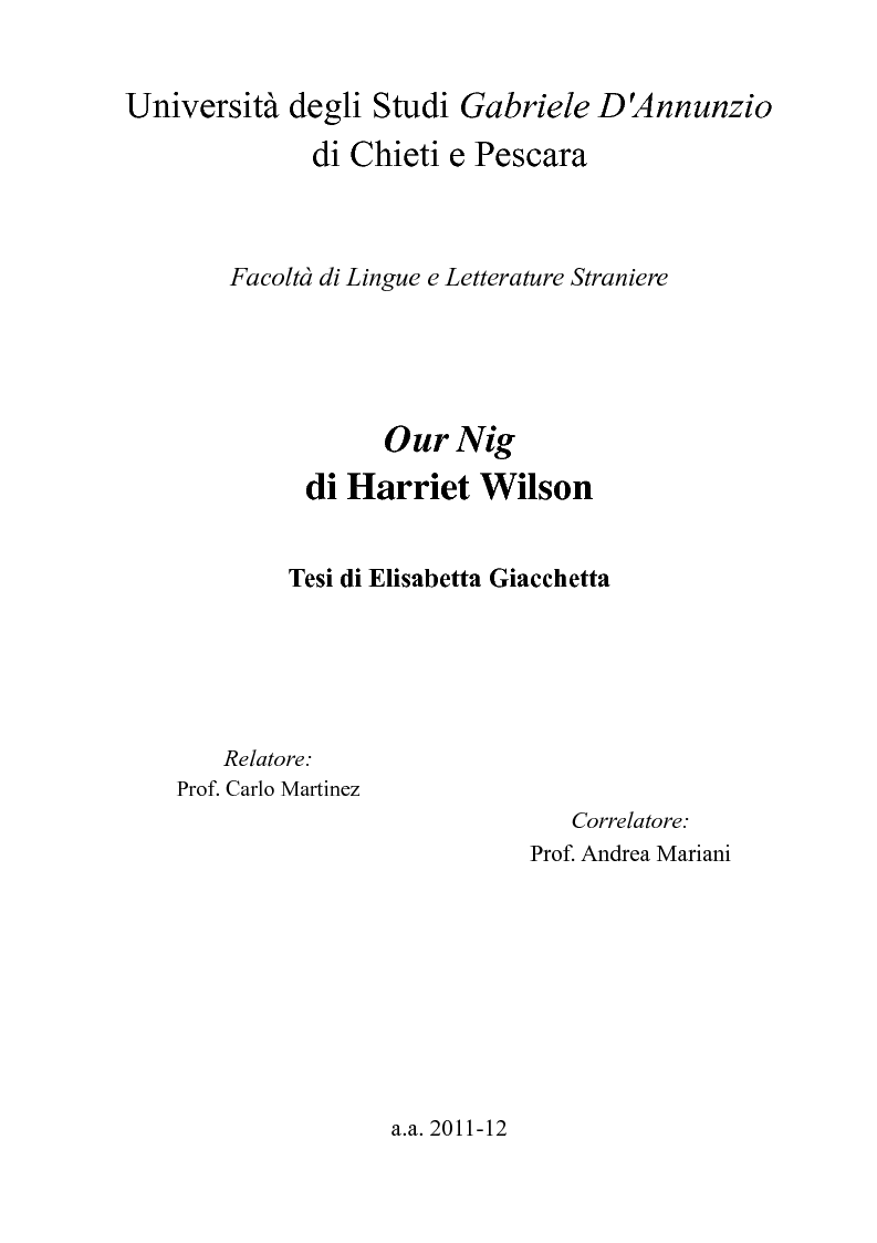 Anteprima della tesi: "Our Nig" di Harriet Wilson, Pagina 1