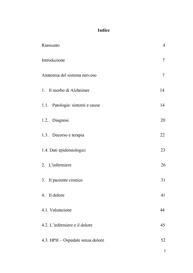 Indice della tesi: Assistenza infermieristica alla persona affetta da Alzheimer: l'importanza del trattamento del dolore per dare dignità alla vita, Pagina 1