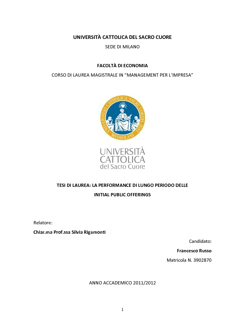 Anteprima della tesi: La performance di lungo periodo delle Initial public offerings, Pagina 1