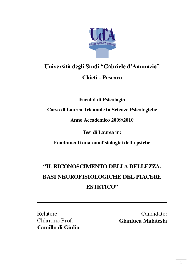 Anteprima della tesi: Il riconoscimento della bellezza. Basi neurofisiologiche del piacere estetico, Pagina 1