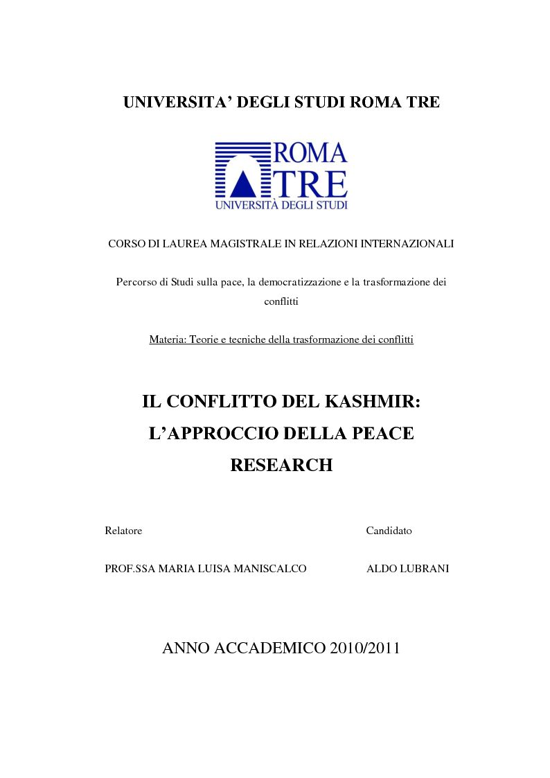 Anteprima della tesi: Il conflitto del Kashmir: l'approccio della Peace Research, Pagina 1