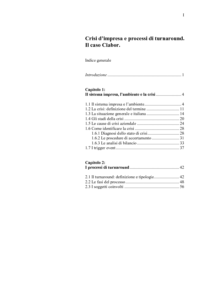 Indice della tesi: La crisi d'impresa e le strategie di turnaround. Il caso Ciabor., Pagina 1