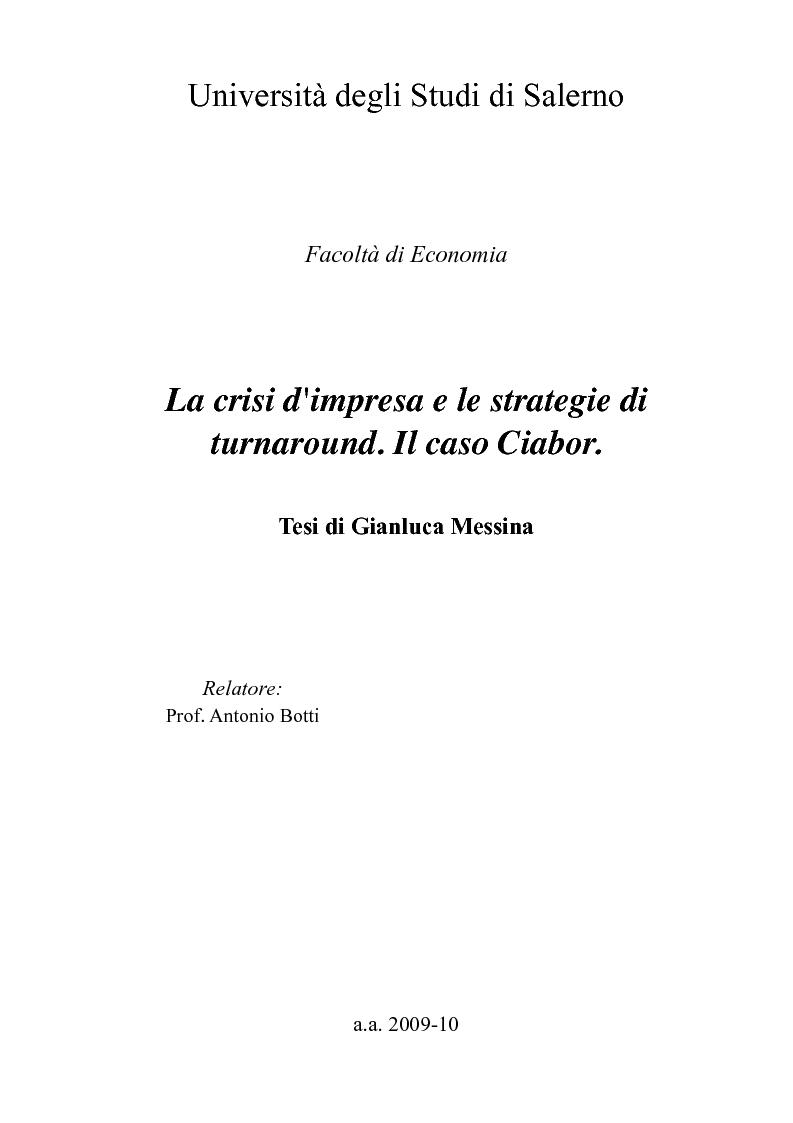 Anteprima della tesi: La crisi d'impresa e le strategie di turnaround. Il caso Ciabor., Pagina 1