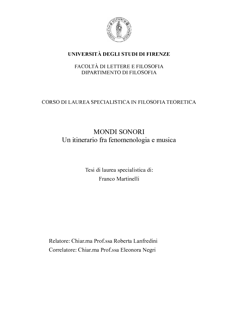 Anteprima della tesi: Mondi sonori. Un itinerario fra fenomenologia e musica., Pagina 1