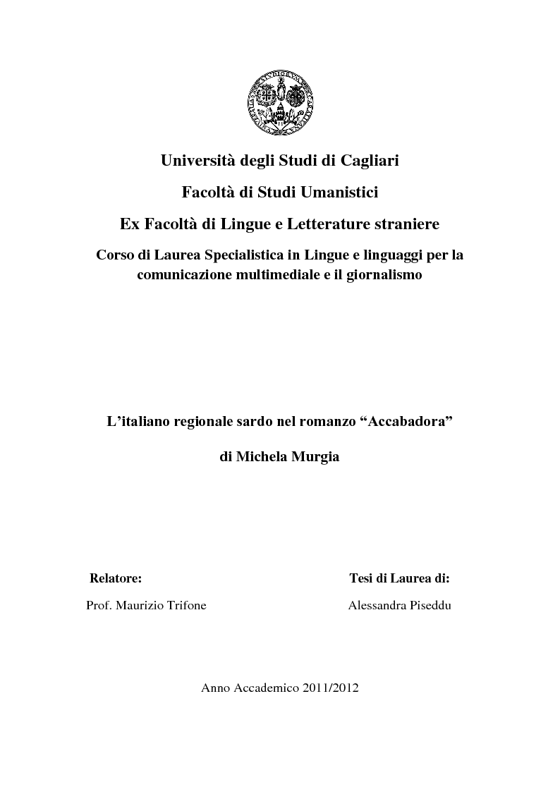 Anteprima della tesi: L'italiano regionale sardo nel romanzo "Accabadora" di Michela Murgia, Pagina 1