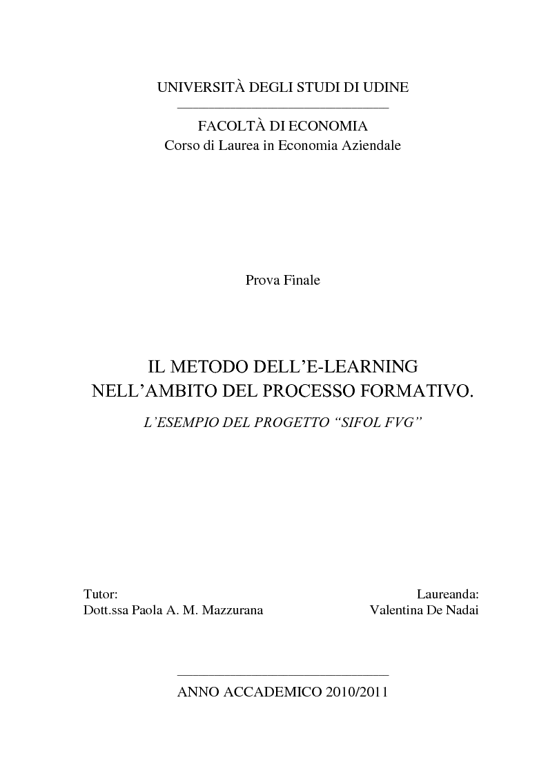Anteprima della tesi: Il metodo dell'e-learning nell'ambito del processo formativo. L'esempio del progetto “SIFOL FVG” , Pagina 1