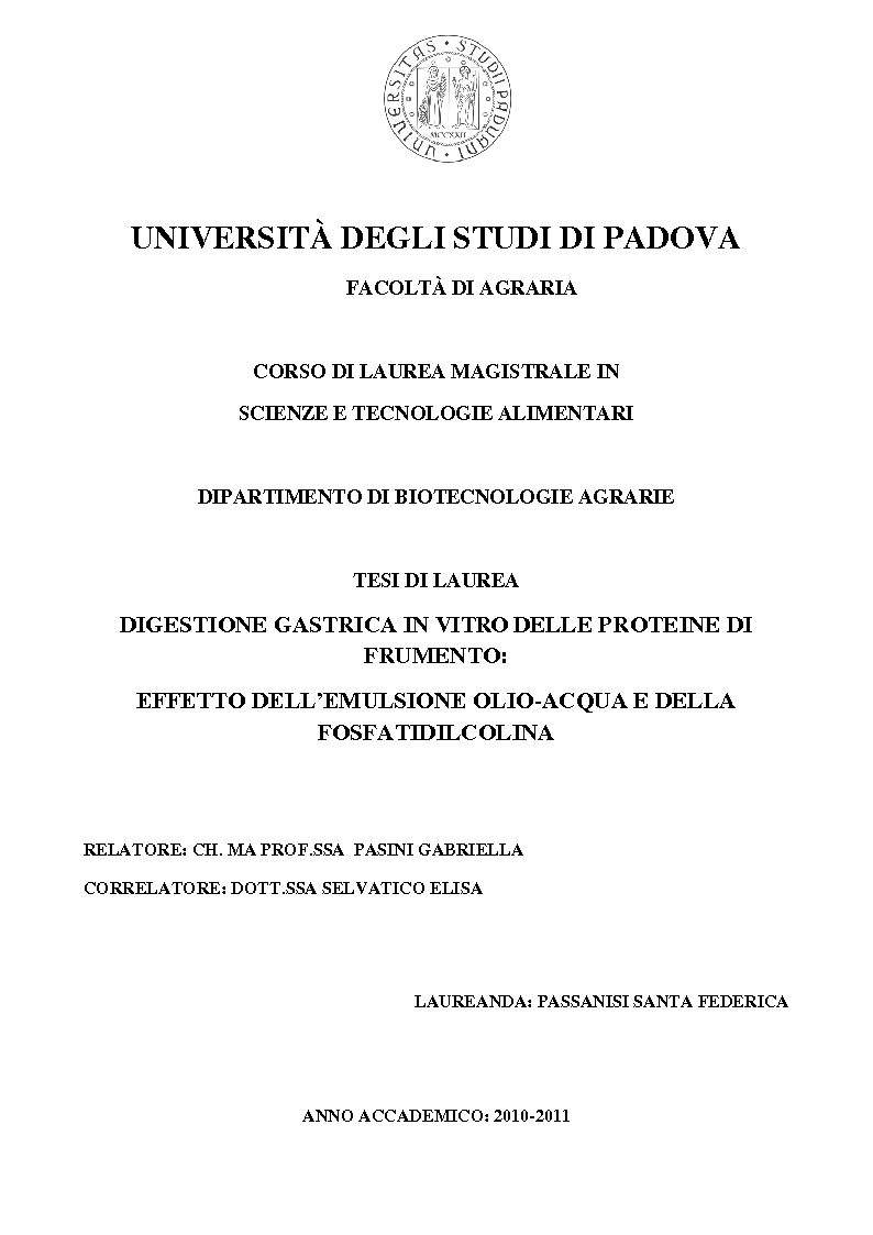 Anteprima della tesi: Digestione gastrica in vitro delle proteine di frumento, Pagina 1