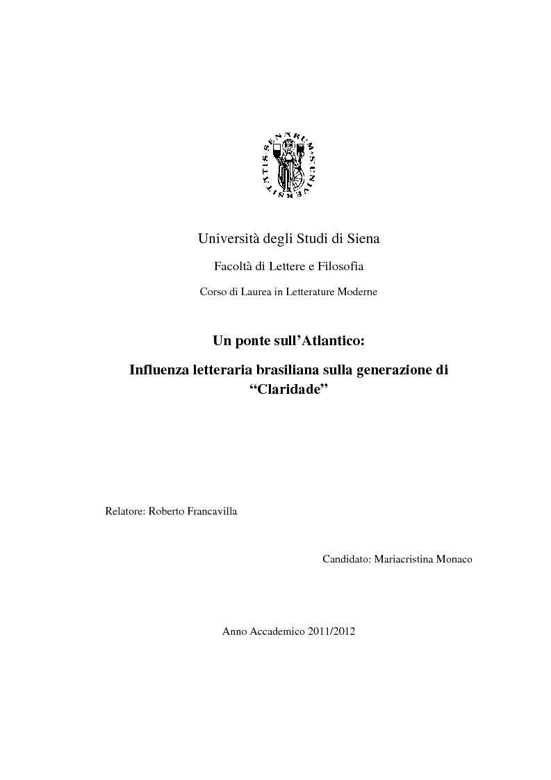 Anteprima della tesi: Un ponte sull'Atlantico: influenza letteraria brasiliana sulla generazione di "Claridade", Pagina 1