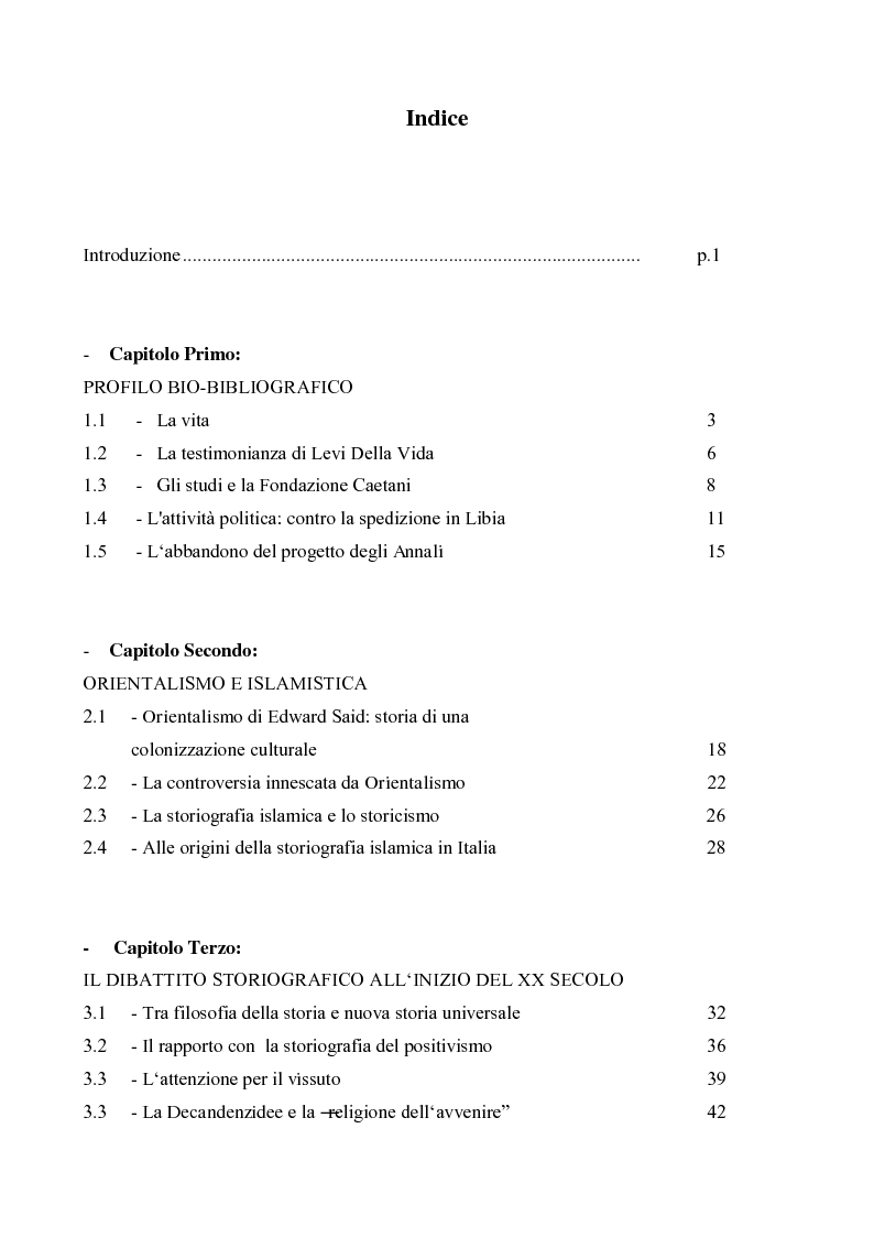 Indice della tesi: Orientalismo e storiografia in Leone Caetani, Pagina 1