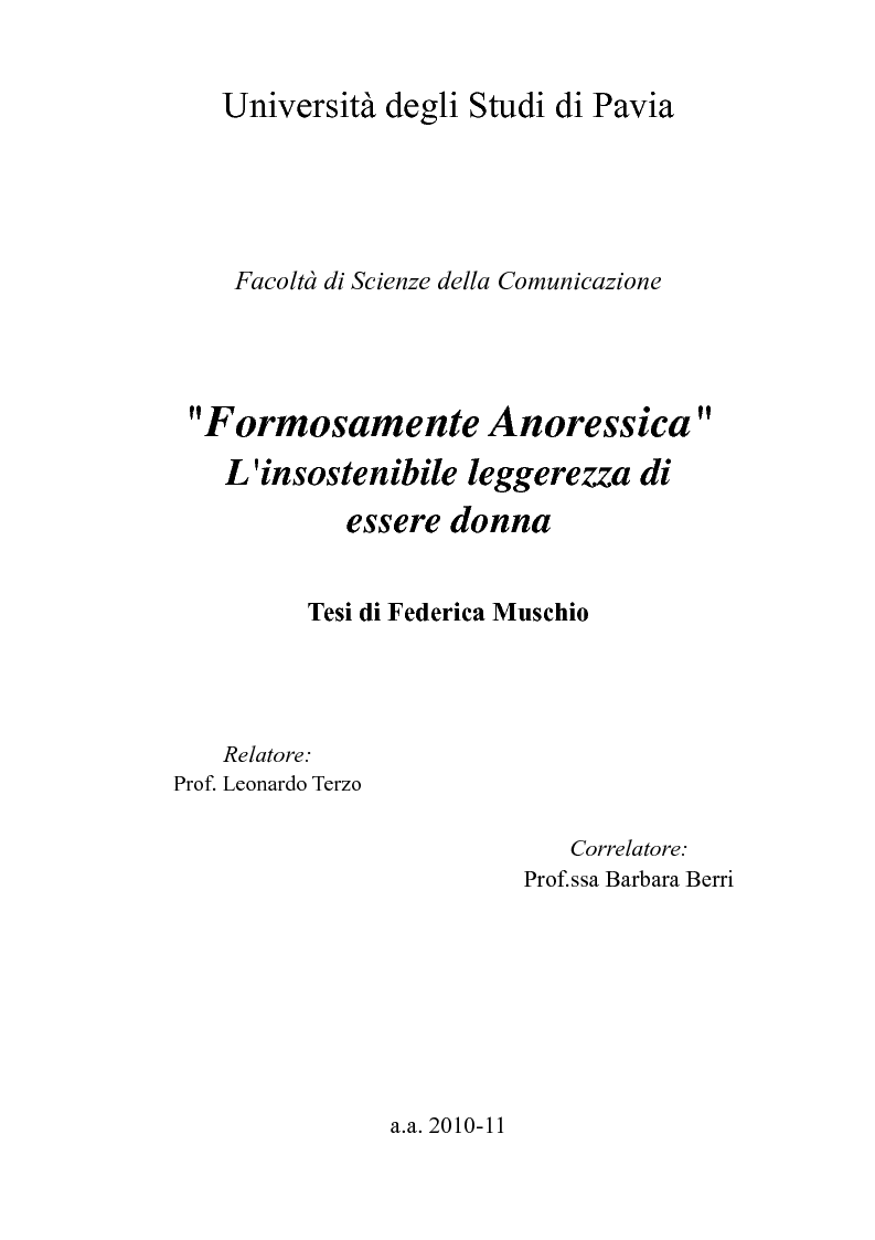 Anteprima della tesi: ''Formosamente Anoressica''. L'insostenibile leggerezza di essere donna, Pagina 1