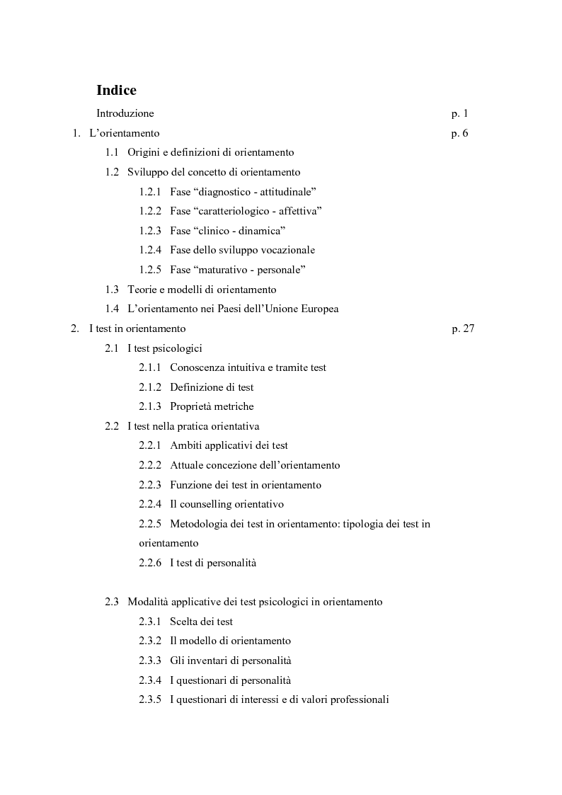 Indice della tesi: Le dinamiche motivazionali nell'orientamento scolastico-professionale, Pagina 1