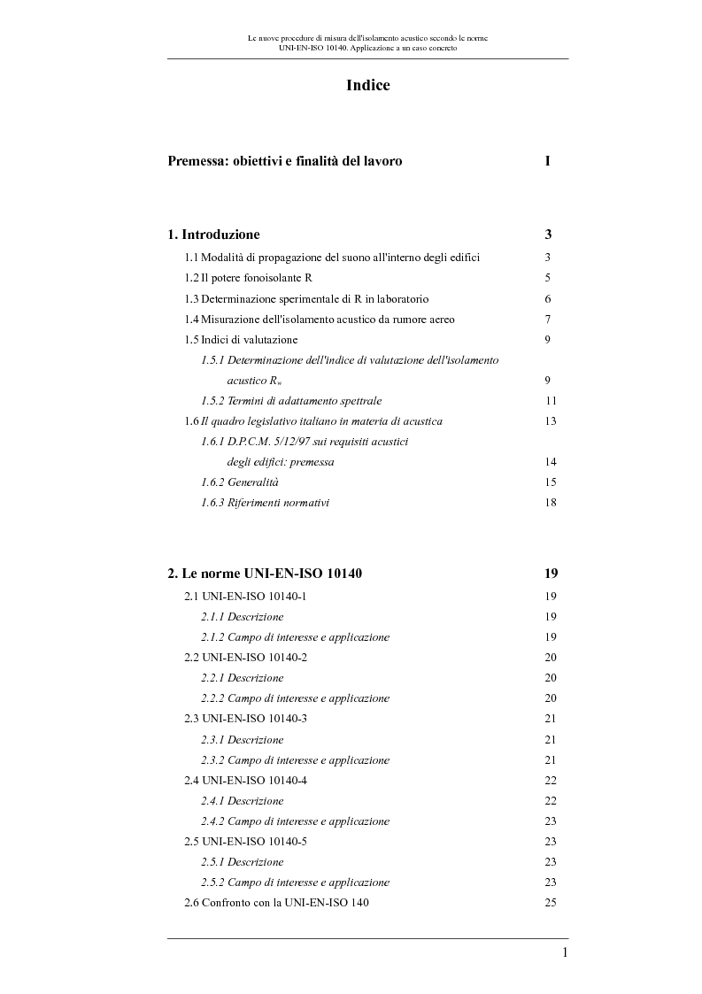 Indice della tesi: Le nuove procedure di misura dell'isolamento acustico secondo le norme UNI-EN-ISO 10140: applicazione a un caso concreto, Pagina 1