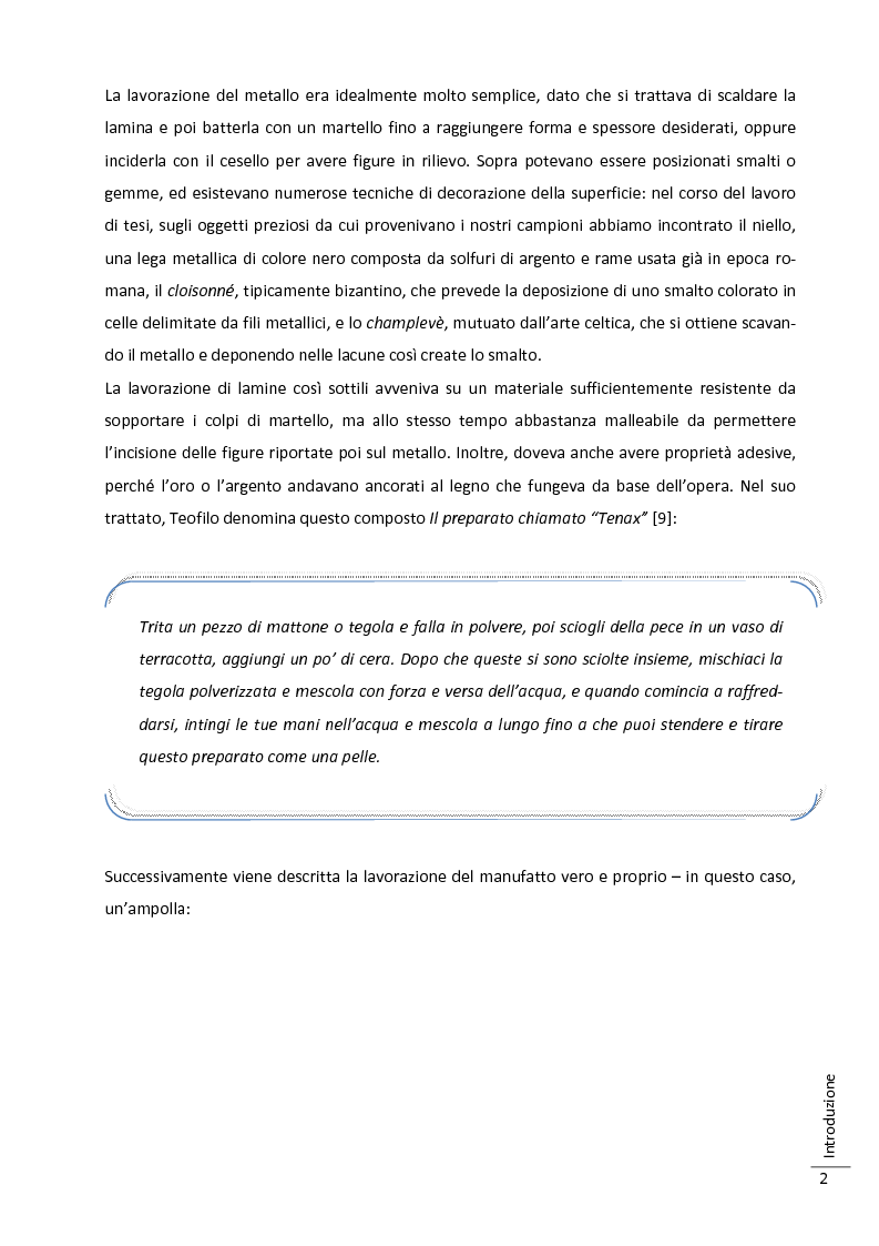 Anteprima della tesi: Caratterizzazione multitecnica di materiali adesivi e di riempimento usati nella oreficeria medievale, Pagina 3
