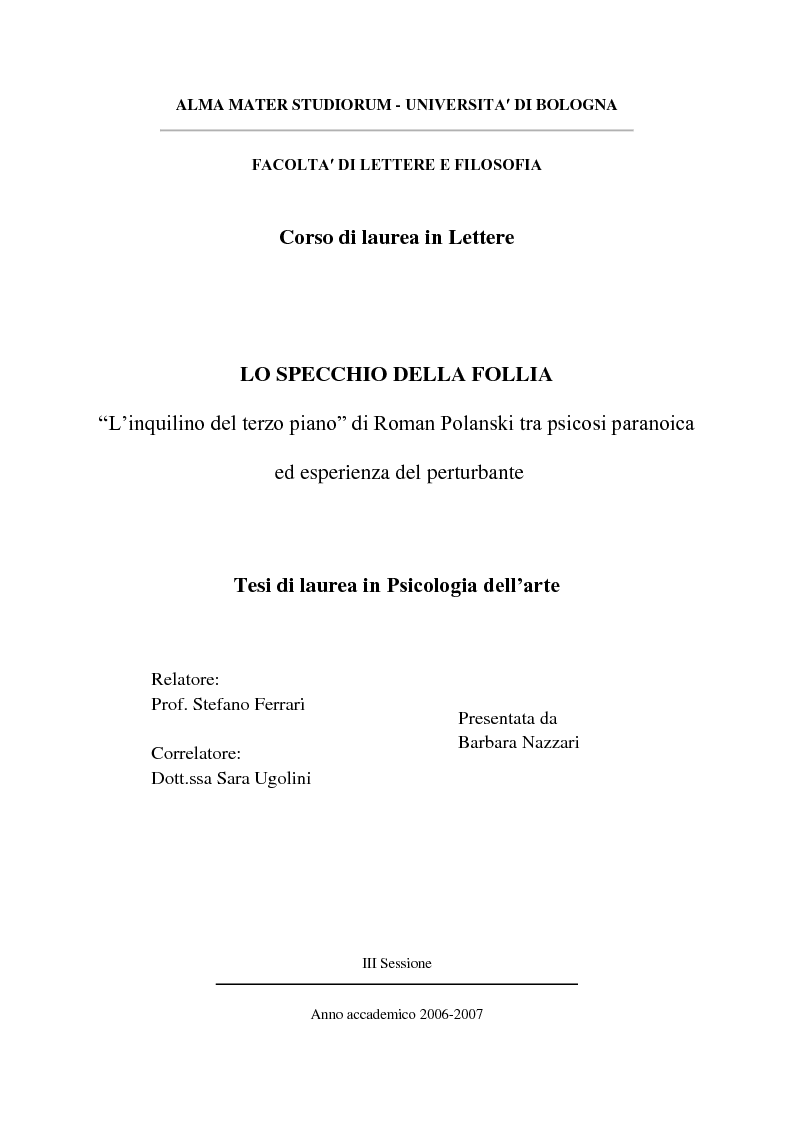 Anteprima della tesi: Lo specchio della Follia. "L’inquilino del terzo piano" di Roman Polanski tra psicosi paranoica ed esperienza del perturbante, Pagina 1