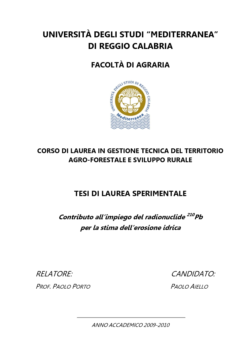 Anteprima della tesi: Contributo all'impiego del radionuclide 210Pb per la stima dell'erosione idrica, Pagina 1