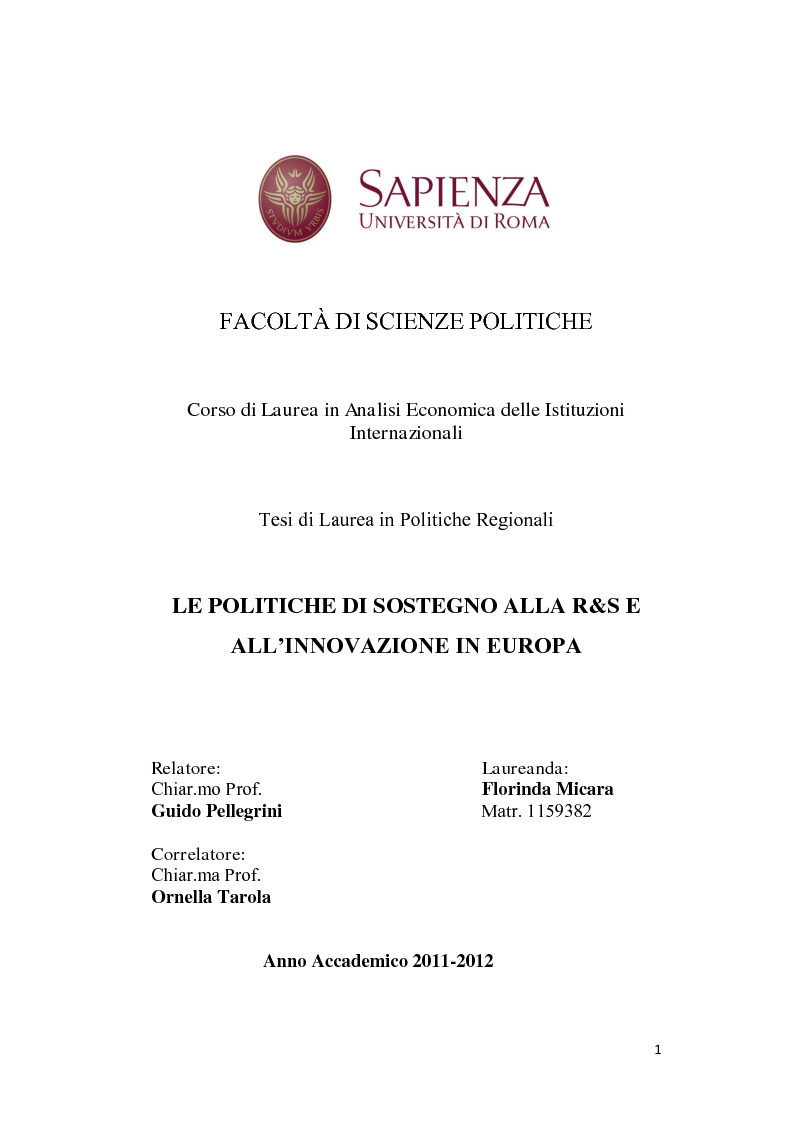 Anteprima della tesi: Le politiche a sostegno della Ricerca e Sviluppo e dell'Innovazione in Europa, Pagina 1